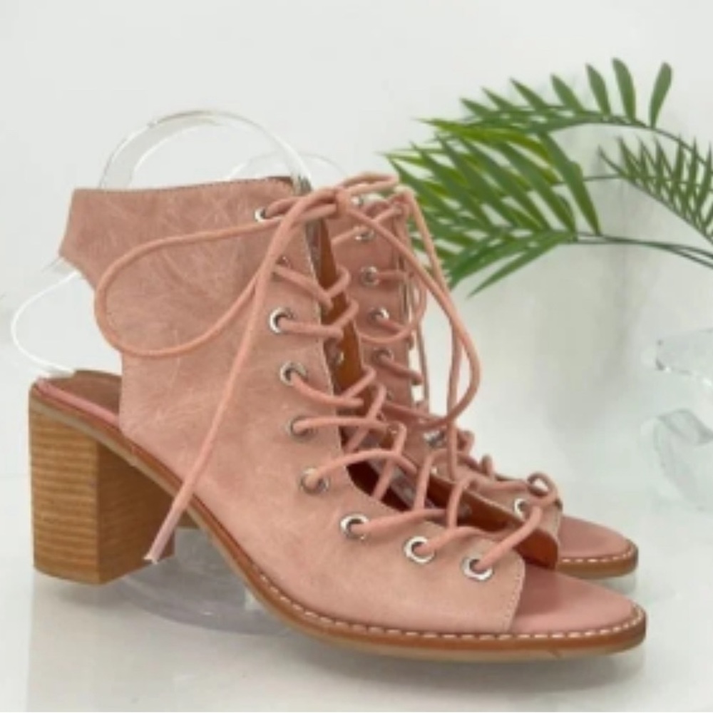 Jeffrey Campbell X Free People Women 7.5 Pink Leather Block Heel Lace Up
